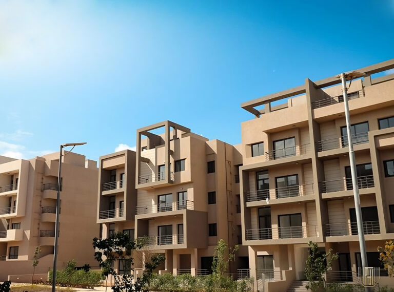 Terraced apartment facades with balconies at 5th Square, Fifth Settlement