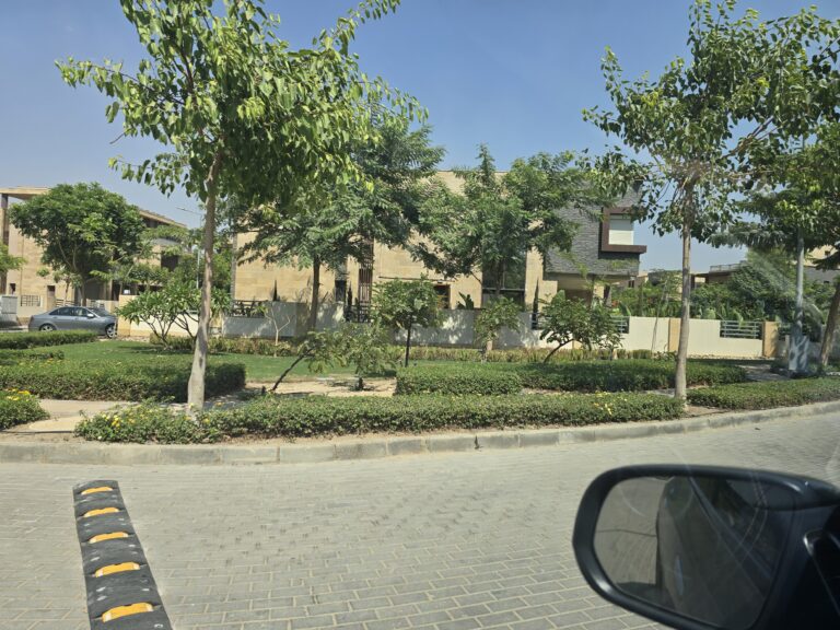 شارع بمساحات خضراء وأشجار وسياج نباتي منسق في كمبوند تاج سيتي، القاهرة الجديدة