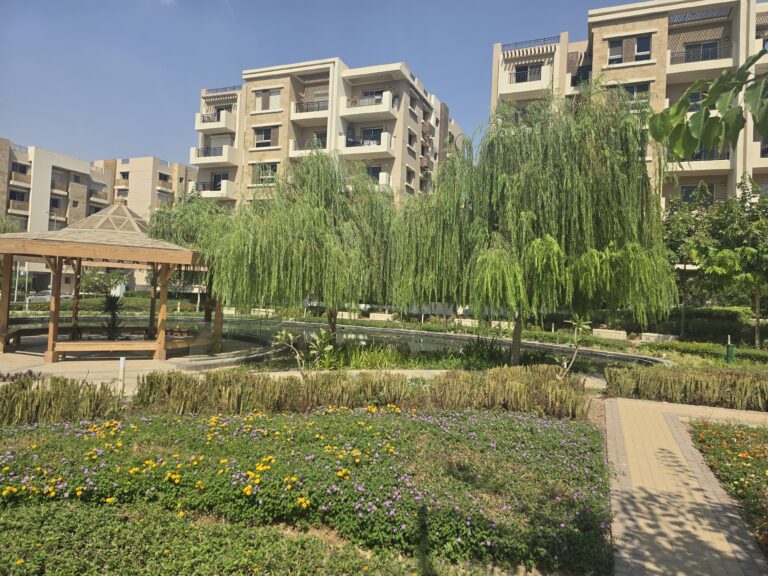 أشجار صفصاف وممر مائي أمام العمارات السكنية في كمبوند تاج سيتي، القاهرة الجديدة